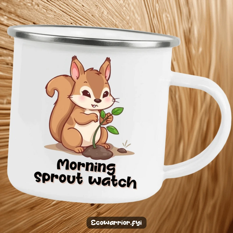 Funny Camping Mug featuring a determined squirrel character planting a sapling, ideal for outdoor enjoyment with an inspirational, humorous touch.