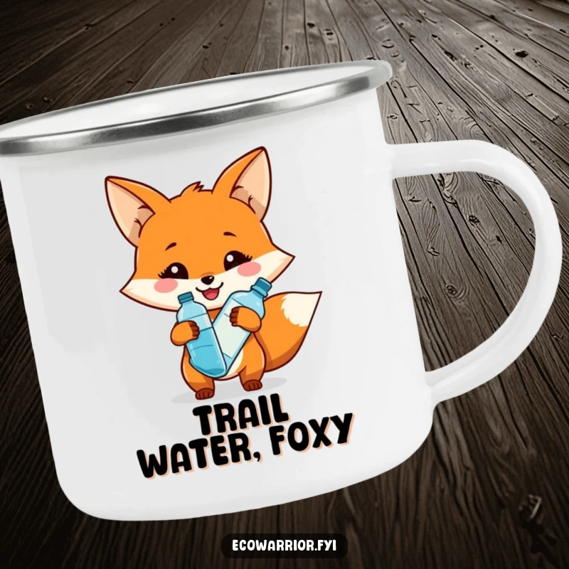 Funny camping mug featuring a smiling fox character holding a reusable water bottle, perfect for humorous outdoor hydration.