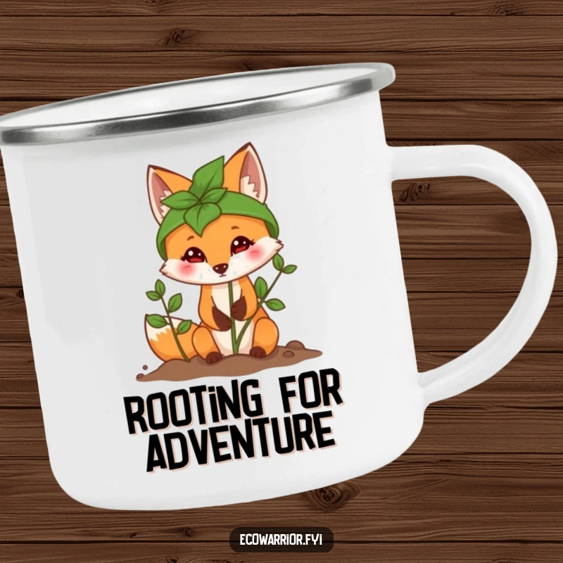 Funny Fox Planting Sapling Camping Mug showcasing a determined fox wearing a leaf helmet, ready for the wilderness.