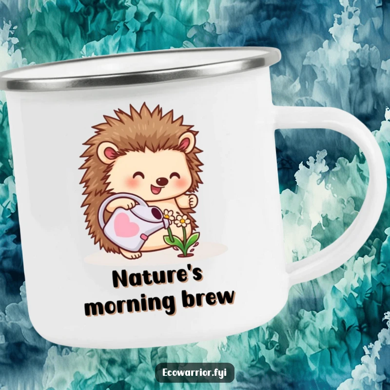 Funny camping mug with a cheerful hedgehog watering a flower, perfect for nature lovers and outdoor enthusiasts.