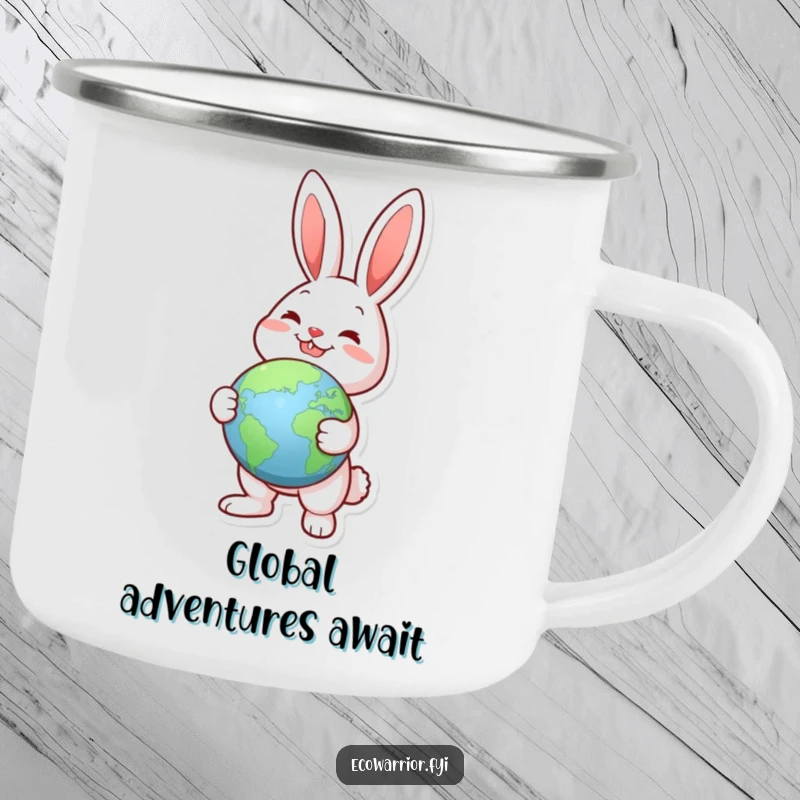Funny Joyful Rabbit Globe Camping Mug: A durable mug with a joyful rabbit holding a globe, perfect for camping.