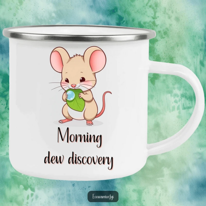 Funny Camping Mug with a timid mouse carefully carrying a dewdrop on a leaf.