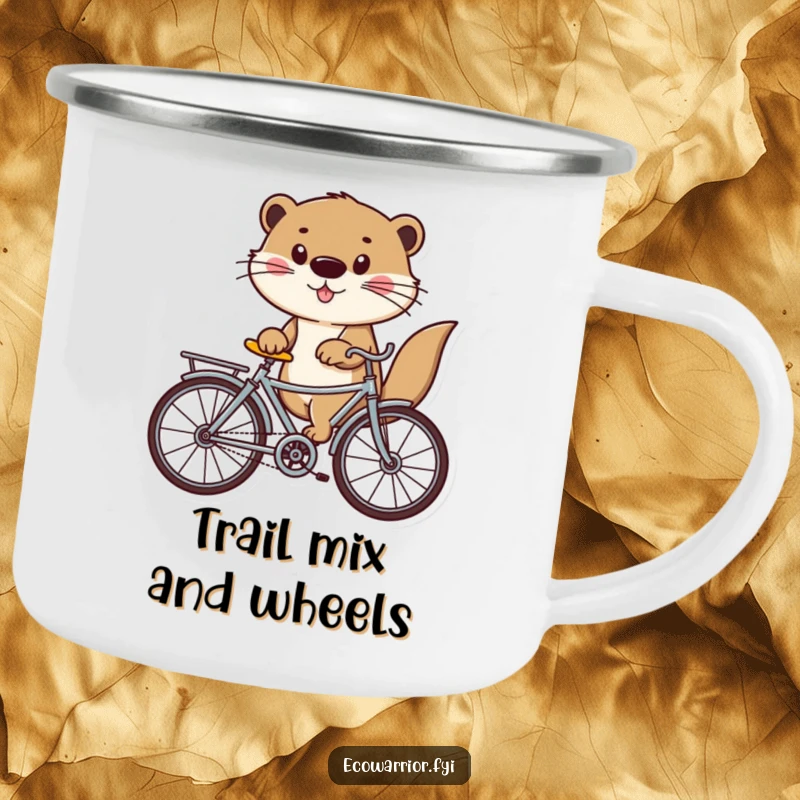 Funny otter on a recycled bicycle, depicted on a camping mug for outdoor adventures and eco-themed humor.