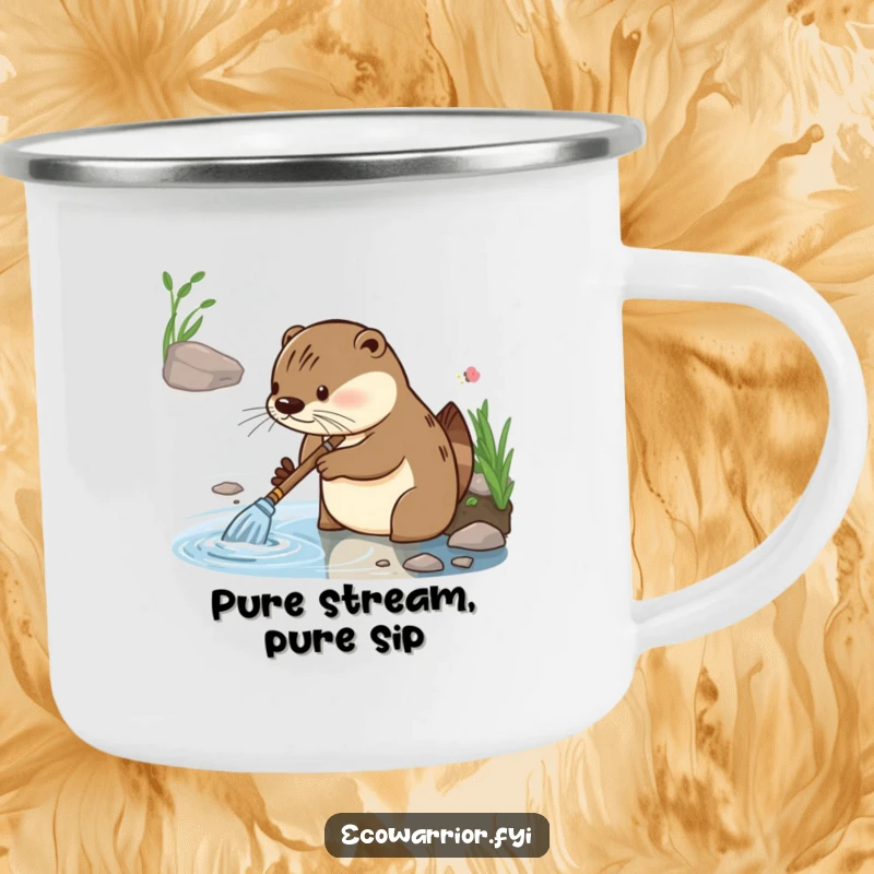 Funny camping mug featuring a diligent otter with focused glee, cleaning a riverbank, perfect for outdoor enjoyment.