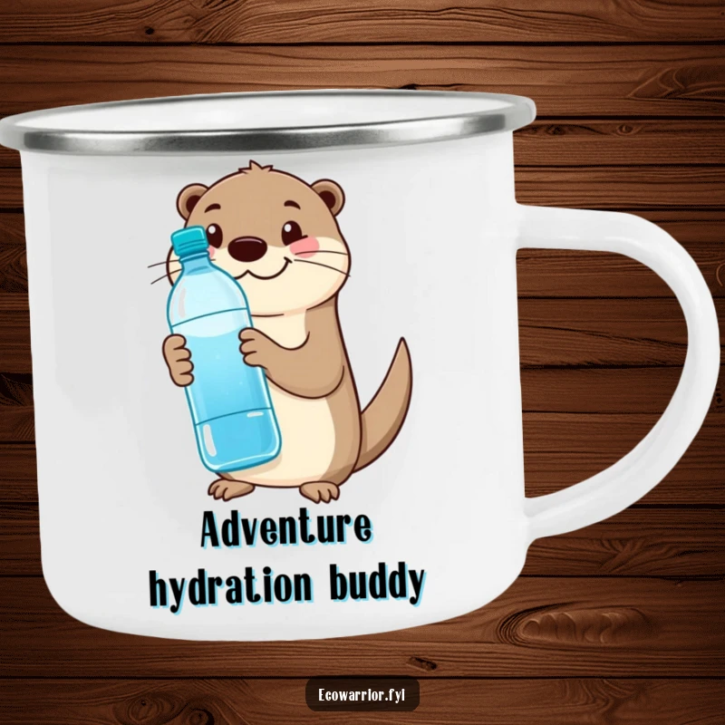 Funny otter camping mug, enamel, featuring a happy otter with a water bottle and thumbs up, for outdoor fun.