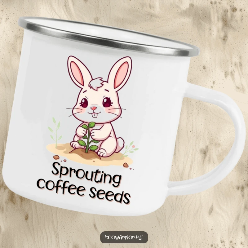 Funny camping mug featuring a determined rabbit with a cheerful expression, planting a sapling, perfect for outdoor adventures.