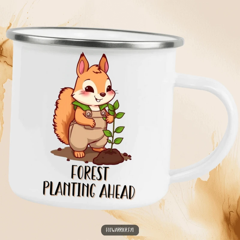 Funny enamel camping mug featuring a cute squirrel in leafy overalls energetically planting a tiny seedling, perfect for outdoor charm.