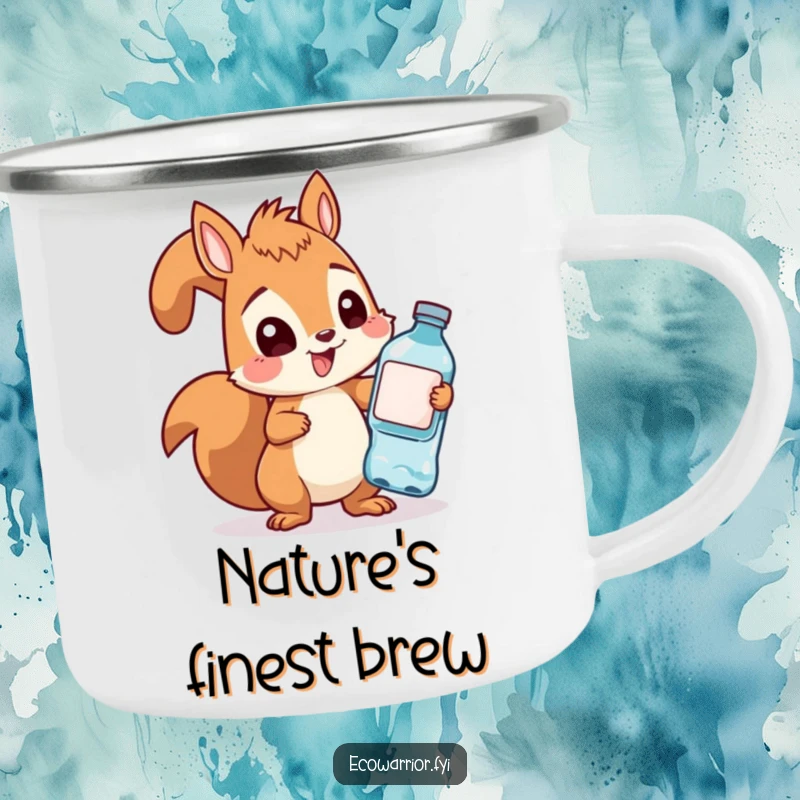Funny squirrel with a camping mug, determinedly collecting bottles in an outdoor setting, adding humor to adventure gear.