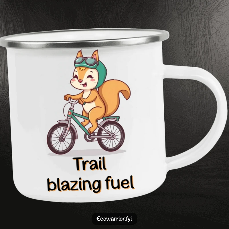 Funny squirrel camping mug, enamel, featuring a playful squirrel riding a recycled bike with a smile, for outdoor fun.