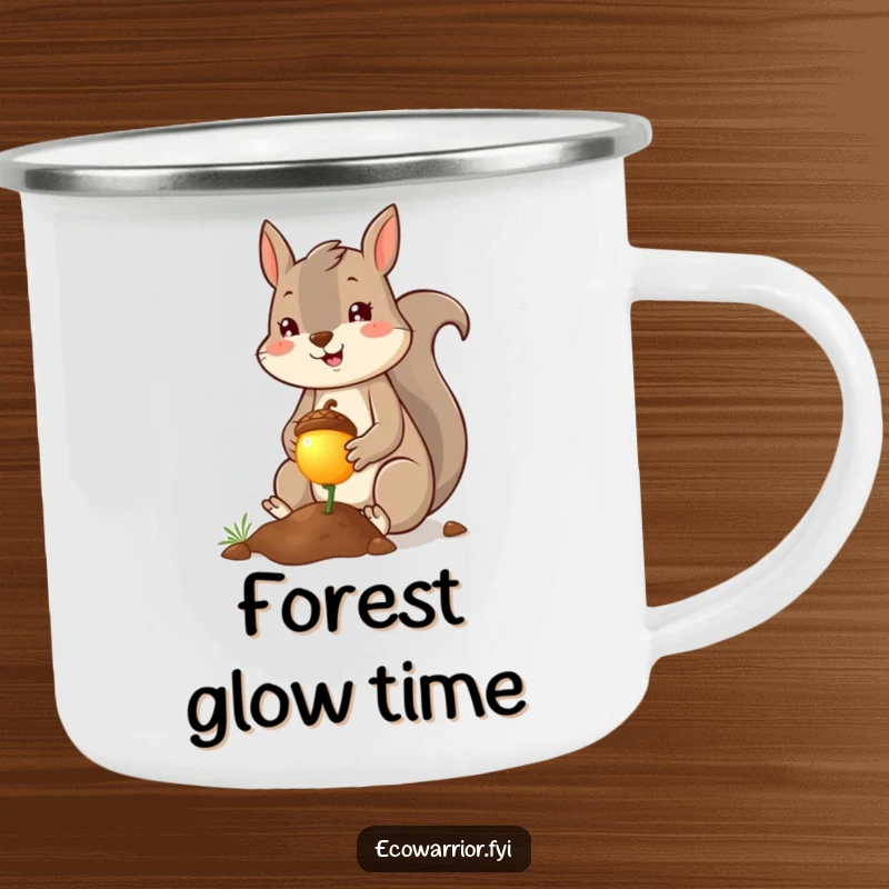 Funny squirrel planter camping mug, cheerful squirrel planting a tiny glowing acorn with a smile. Durable and magical for outdoors. Great.