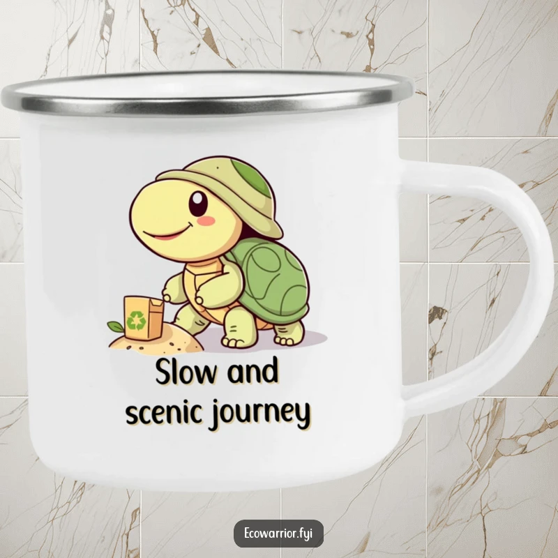 Funny camping mug with a smiling turtle pushing a recycled object uphill, perfect for outdoor brews and adding a splash of humorous determination.