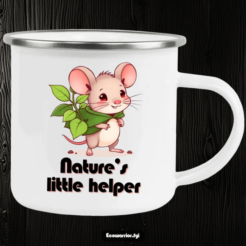 Funny mouse planter camping mug, determined mouse with leaf cape carrying a large seedling. Durable and inspiring for outdoors. Great.