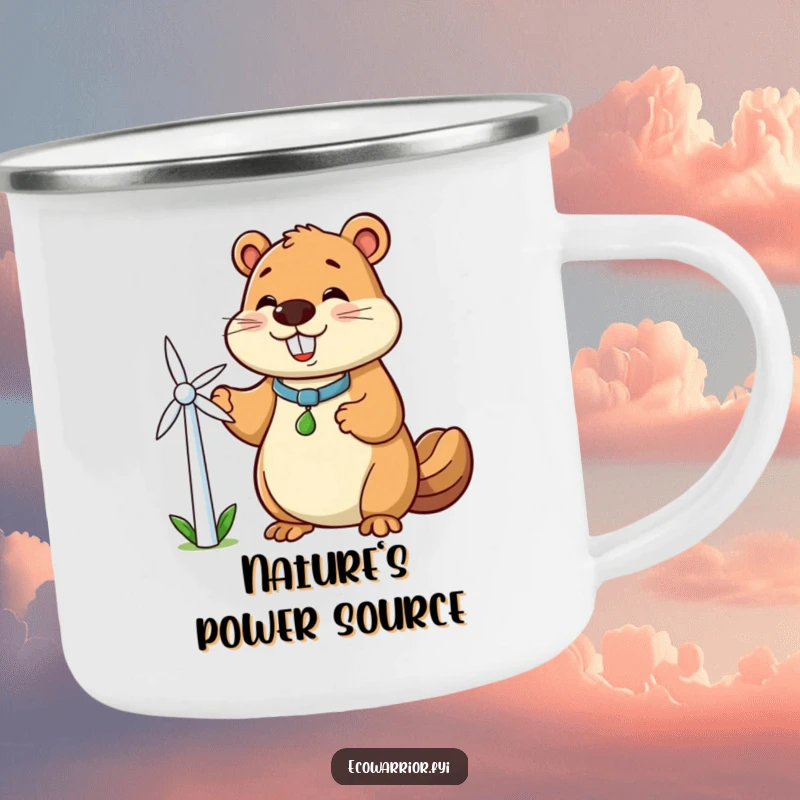 Funny beaver camping mug with a smiling beaver character holding a small windmill, representing clean energy for outdoor enthusiasts.