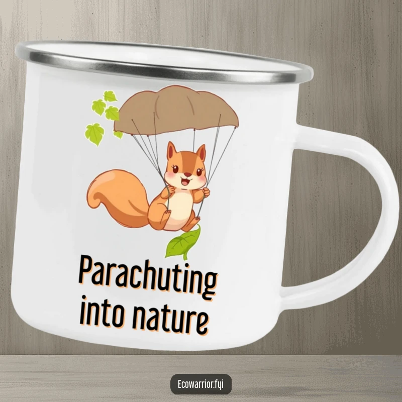 Funny Squirrel Parachute Camping Mug showcasing a brave squirrel using a fallen leaf as a parachute, ready for the wild.
