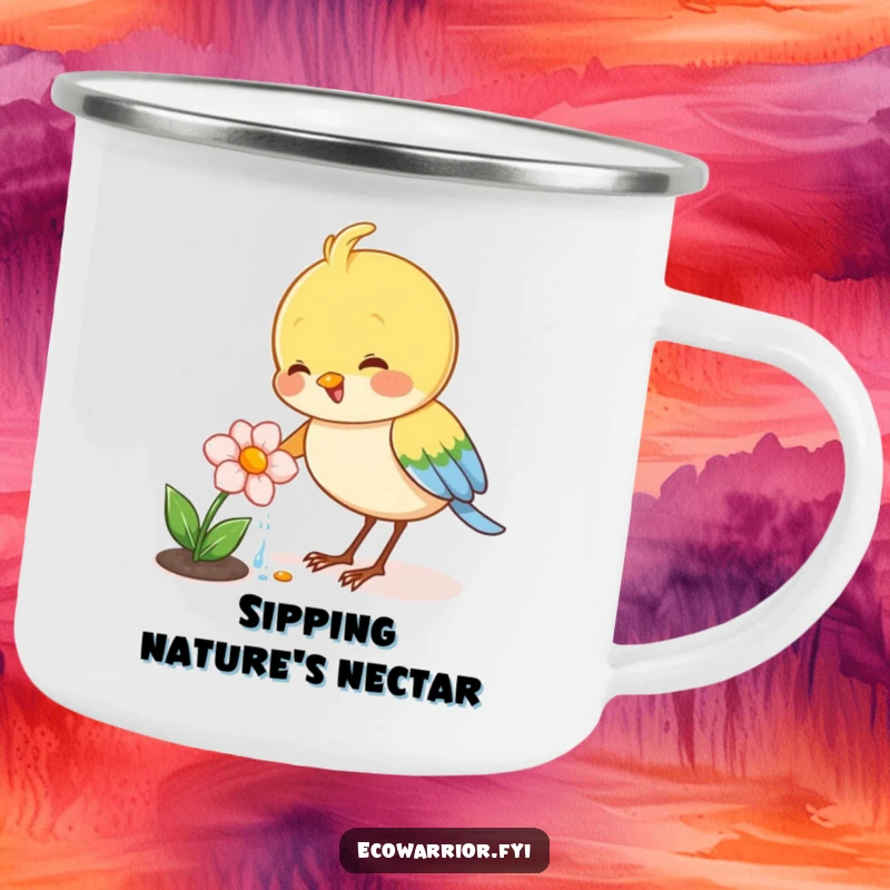 Funny camping mug featuring a joyful bird happily watering a tiny blooming flower, perfect for outdoor enjoyment.