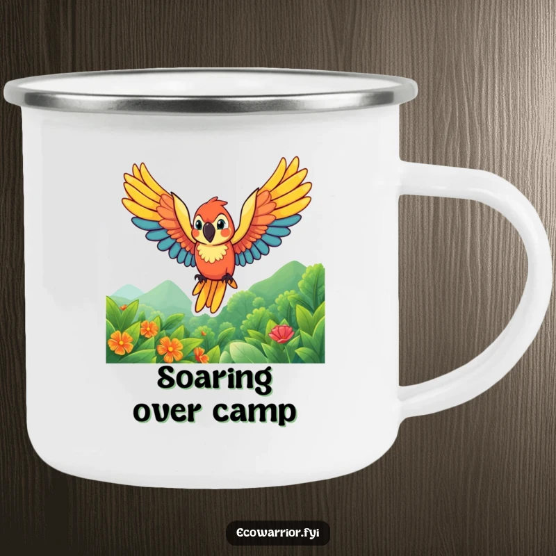 Funny parrot camping mug with a vibrant character soaring with wings spread wide, designed for outdoor enjoyment and tropical humor.