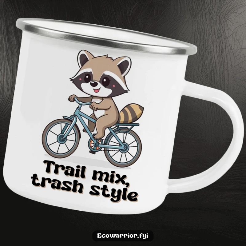 Funny camping mug with a smiling raccoon riding a bicycle made of recycled parts, perfect for outdoor enthusiasts.