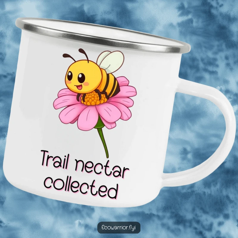 Funny camping mug with a proud bee buzzing around a wildflower, perfect for outdoor brews and adding a splash of humorous natural delight.