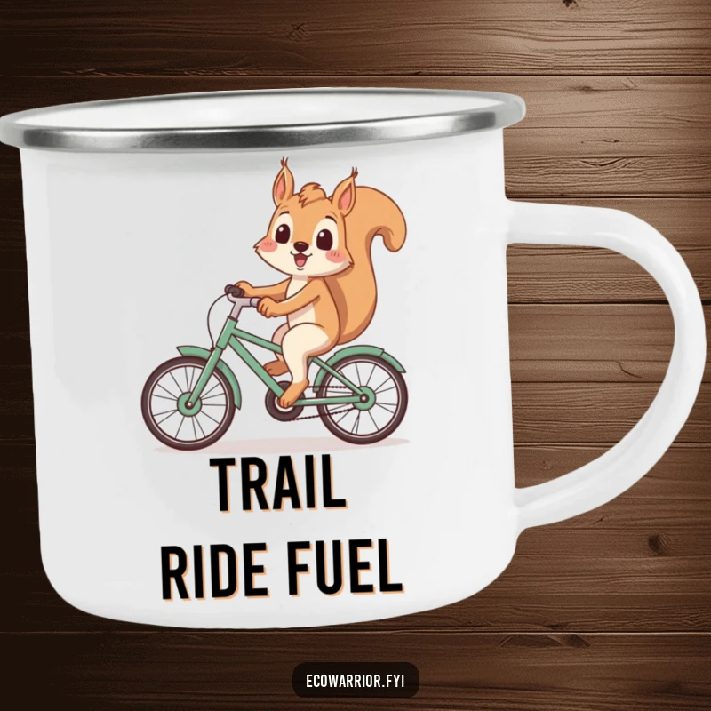 Funny Squirrel Camping Mug: Playful squirrel smiling on a recycled bicycle, perfect for outdoor eco fun, funny gift.