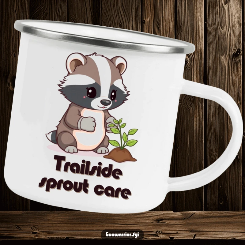 Funny camping mug with a determined badger gardener in gloves, tending to a sprout, for outdoor lovers.