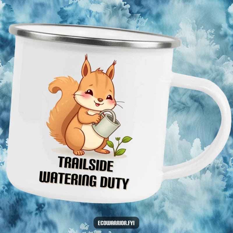 Funny squirrel camping mug, a cheerful character tending a sprout, perfect for outdoor coffee lovers.
