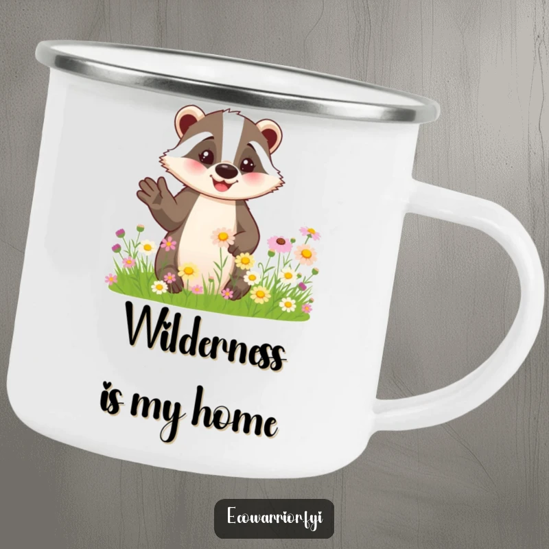 Funny camping mug with a friendly badger admiring wildflowers, built for outdoor enjoyment.