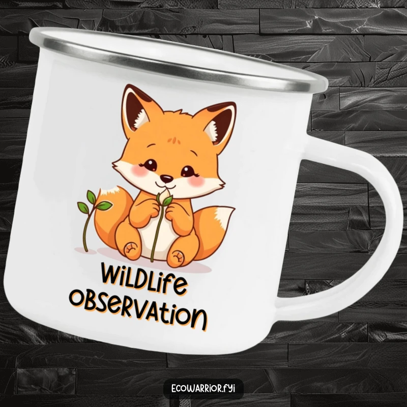 Funny fox camping mug, hands behind back, watching a sprout grow, perfect for outdoor contemplation.