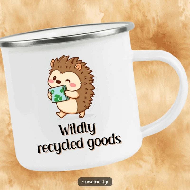 Funny hedgehog character carrying recycled materials on a sturdy camping mug, blending outdoor ruggedness with eco-humor, perfect for funny camping mug users.