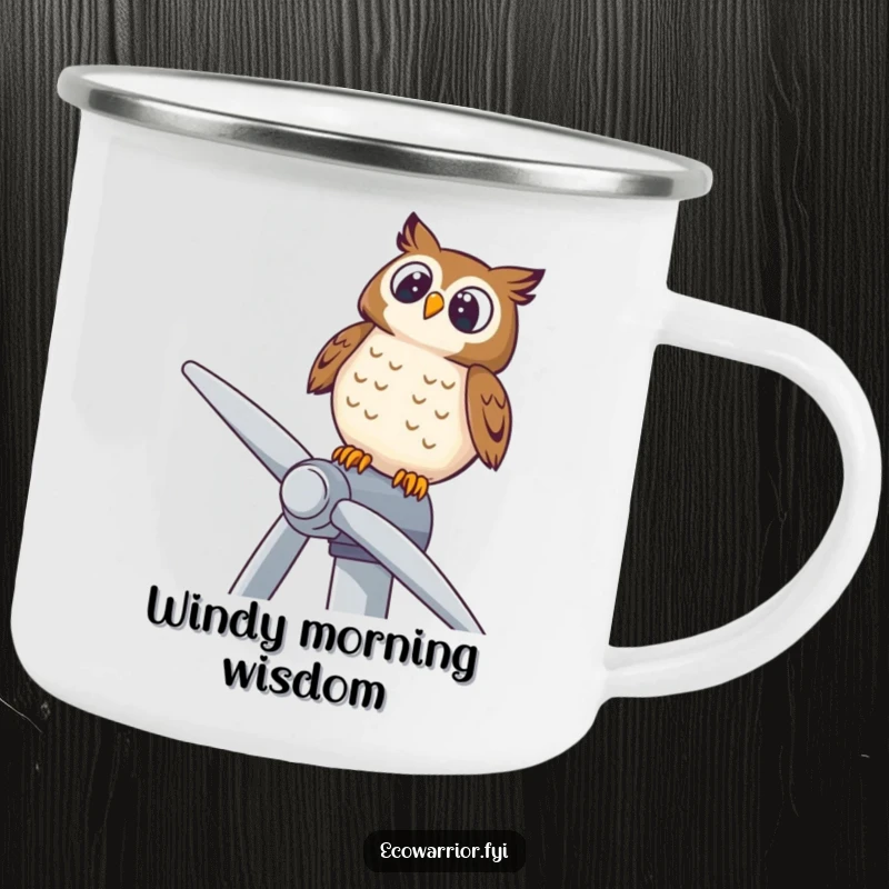 Funny camping mug with a delighted owl perched on a wind turbine, looking upwards, perfect for outdoor contemplation.