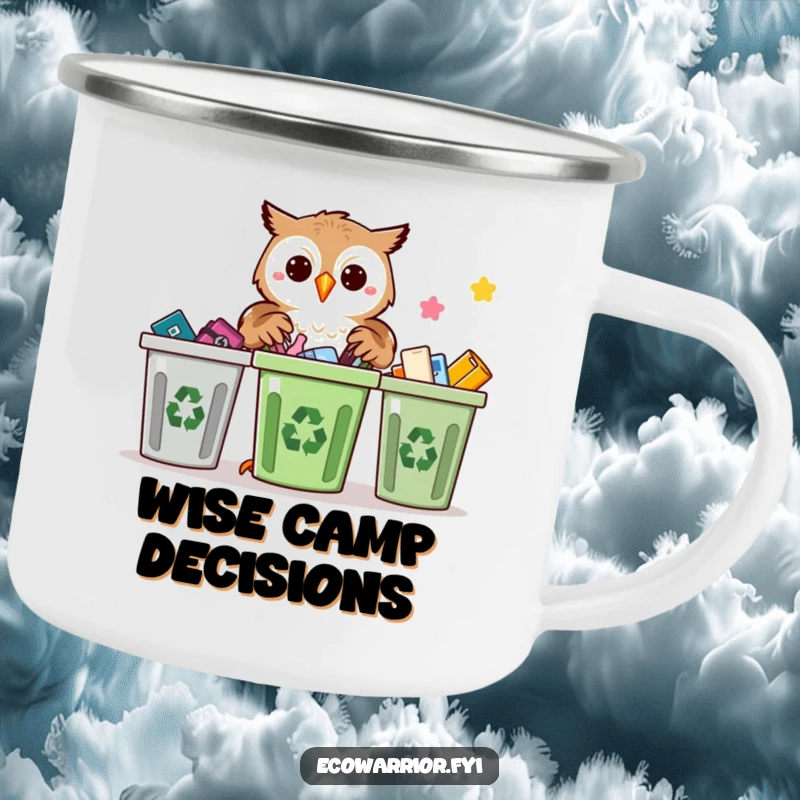 Funny Proud Owl Recycling Camping Mug: A durable mug with a proud owl sorting recyclables, perfect for outdoor use.