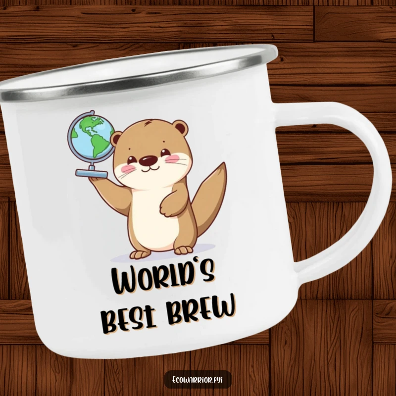 Funny camping mug featuring a proud otter holding a small globe, perfect for outdoor adventures and warm drinks.