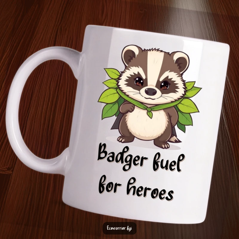 Funny mug showing a determined badger wearing a superhero cape made of leaves, ready to leap into action with courage.
