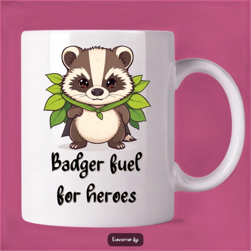 Funny Badger Superhero Mug: Leaf Cape Hero, Woodland Protector Gift