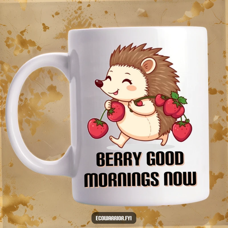 Funny mug showing a happy hedgehog purposefully walking with a back full of ripe red berries, a symbol of busy contentment.