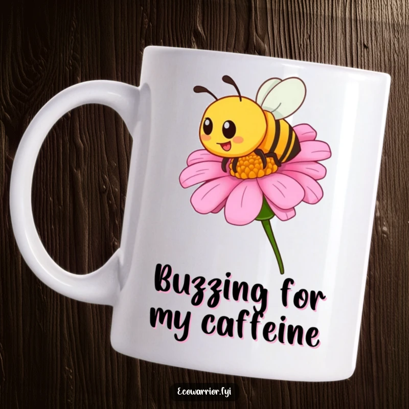 Funny mug featuring a proud bee buzzing excitedly around a blooming wildflower, symbolizing nature's joy and hard work, a delightful gift.