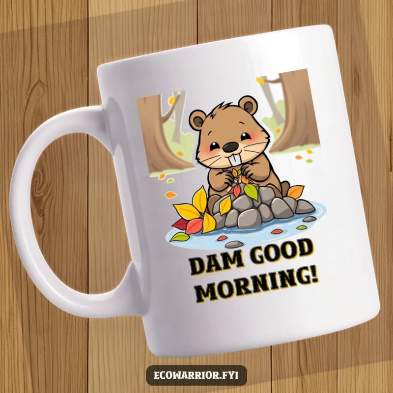 Funny, determined beaver character busily building a small dam using colorful leaves, showcasing industriousness on a mug.