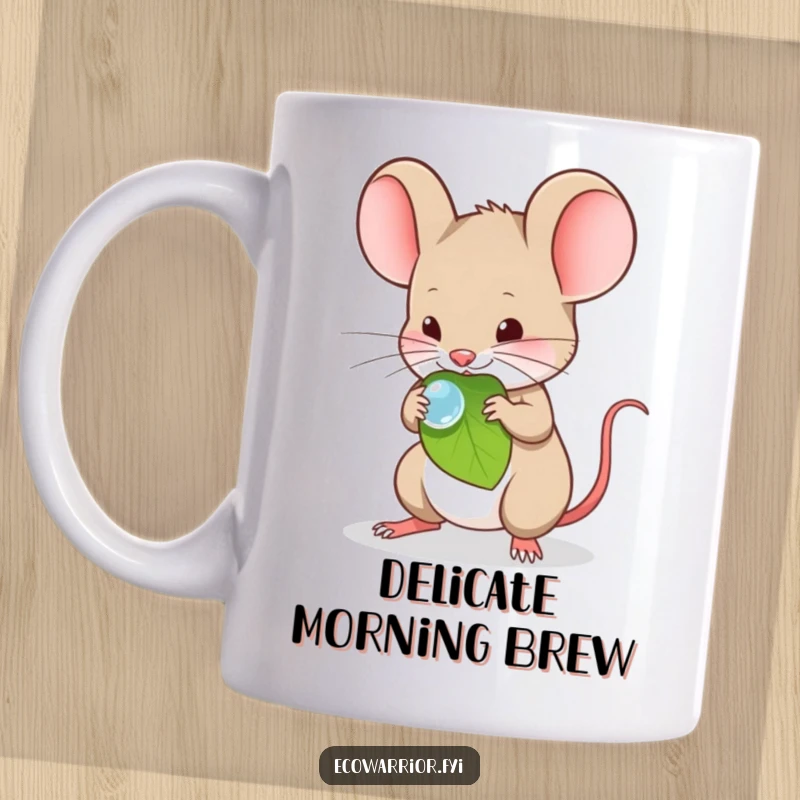 Funny Mug featuring a timid mouse delicately carrying a sparkling dewdrop on a green leaf.