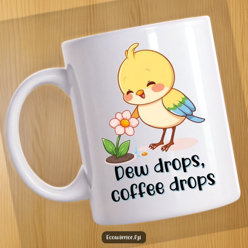 Funny mug featuring a joyful bird character happily watering a tiny blooming flower, celebrating nature and happiness.