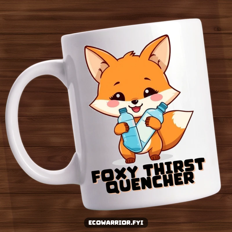 Funny mug featuring a smiling fox character holding a reusable water bottle, promoting hydration and eco-friendly habits humorously.