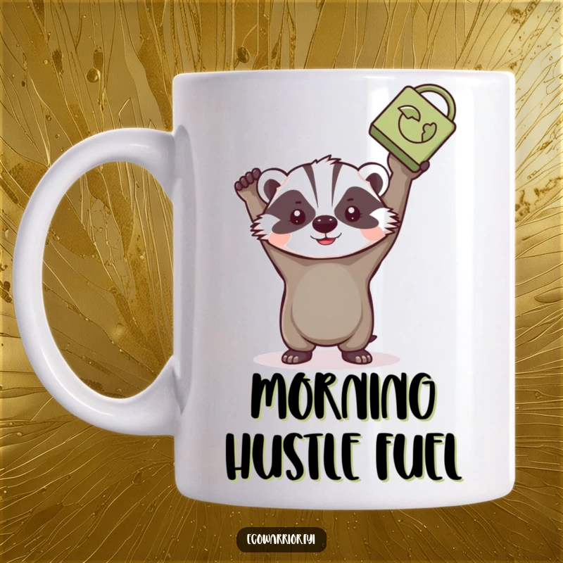 Funny badger mug, determined expression, triumphantly holding a recycled item (like a bottle) high, championing sustainability.