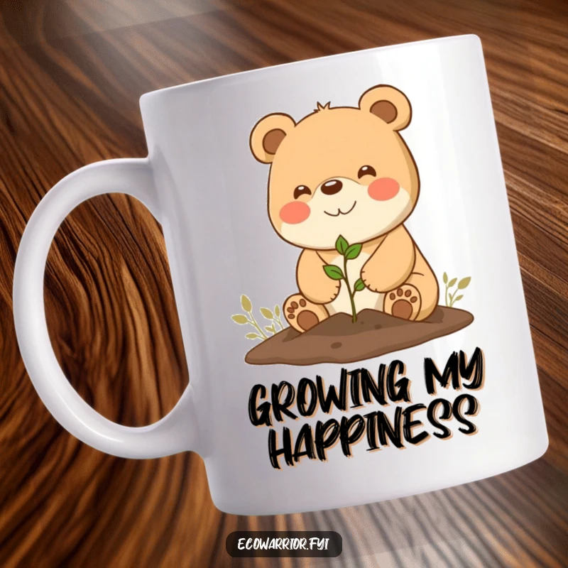 Funny Mug: Happy bear character joyfully planting a tiny seedling with a wide, beaming smile.