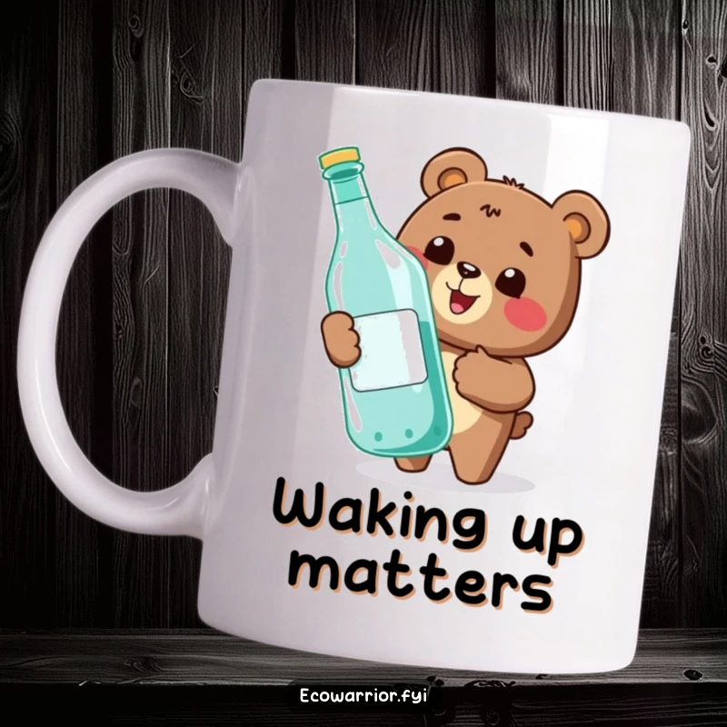 Funny mug featuring a happy bear giving a thumbs-up while recycling a large bottle, promoting environmental responsibility with humor.