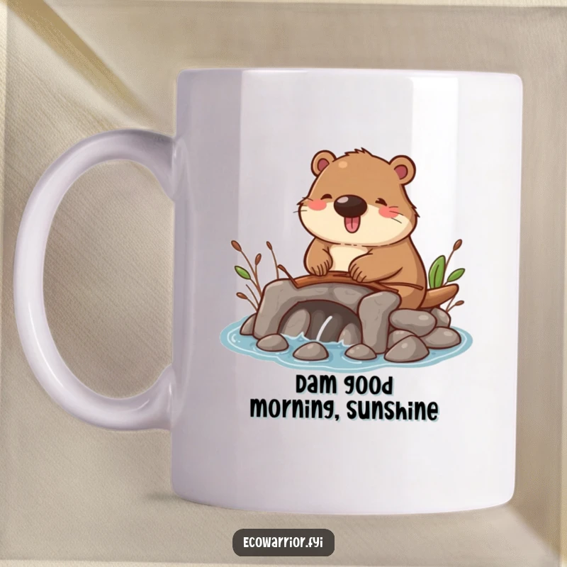 Funny mug featuring a happy beaver diligently building a small dam with twigs, embodying cheerful industriousness and nature's charm.