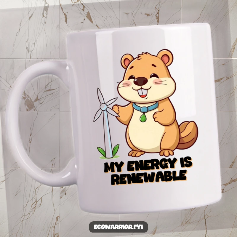Funny beaver mug featuring a smiling beaver character holding the tiny windmill, symbolizing clean energy and a positive environmental attitude.