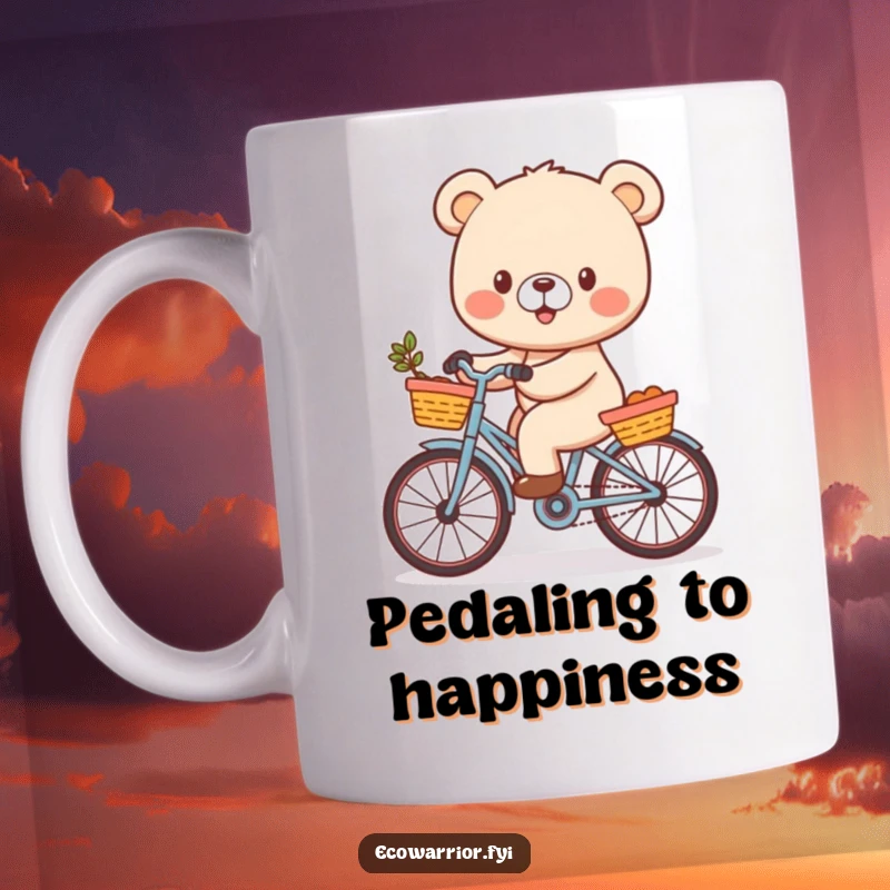Funny Bear Cub Mug featuring a cheerful character joyfully riding a bicycle with a basket, exuding happiness and adventure.