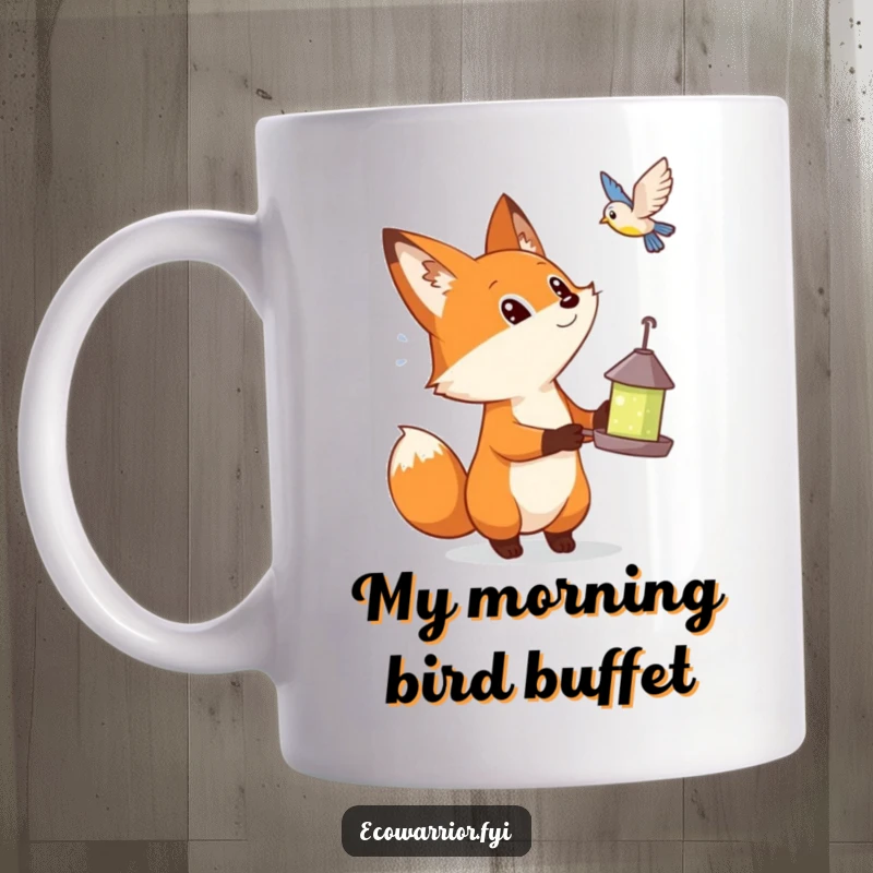 Funny mug with a curious fox holding a bird feeder, gazing in wonder at a small bird flying above.