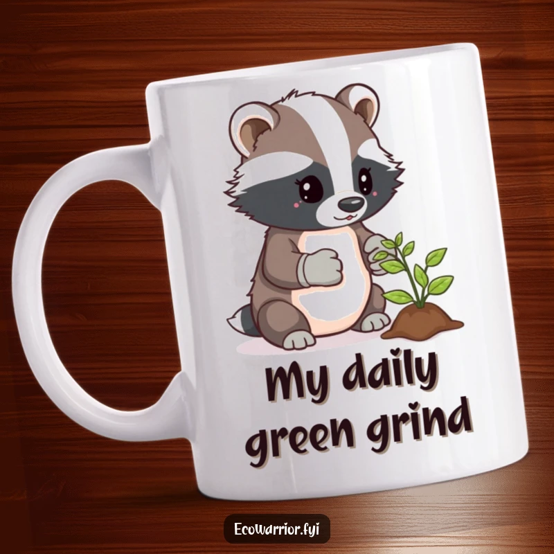 Funny mug with a determined badger in gardening gloves carefully tending to a small green sprout.
