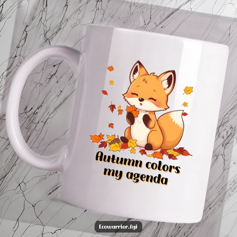 Funny Mug featuring a small, energetic fox happily gathering vibrant fallen leaves during autumn.