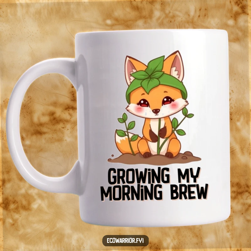 Funny Fox Mug with a determined expression, wearing a leaf helmet while planting a sapling, celebrating nature.