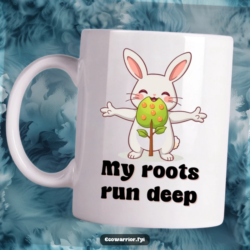 Funny rabbit character with outstretched arms joyfully embracing a small green sapling, symbolizing growth and happiness on a mug.